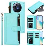 For TCL 50 Pro NxtPaper / P10 Magnetic Closure 9 Card Slots Zipper Leather Case with Hand Strap(Mint Green)