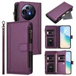 For TCL 50 Pro NxtPaper / P10 Magnetic Closure 9 Card Slots Zipper Leather Case with Hand Strap(Purple)