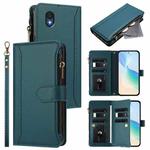 For TCL 201 Magnetic Closure 9 Card Slots Zipper Leather Case with Hand Strap(Dark Green)