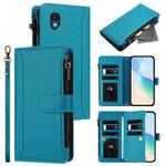 For TCL 201 Magnetic Closure 9 Card Slots Zipper Leather Case with Hand Strap(Turquoise)