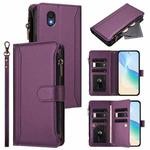 For TCL 201 Magnetic Closure 9 Card Slots Zipper Leather Case with Hand Strap(Purple)