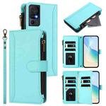 For TCL 40 SE Magnetic Closure 9 Card Slots Zipper Leather Case with Hand Strap(Mint Green)