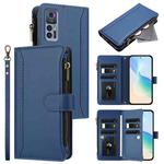 For TCL 30 4G / 5G / 30+ Magnetic Closure 9 Card Slots Zipper Leather Case with Hand Strap(Dark Blue)