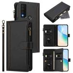 For TCL 30 XE 5G / 30 V 5G Magnetic Closure 9 Card Slots Zipper Leather Case with Hand Strap(Black)