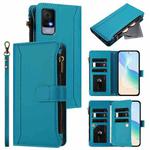 For TCL 405 / 406 / 406S / 480 Magnetic Closure 9 Card Slots Zipper Leather Case with Hand Strap(Turquoise)