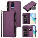 For TCL 405 / 406 / 406S / 480 Magnetic Closure 9 Card Slots Zipper Leather Case with Hand Strap(Purple)