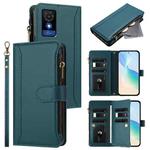 For TCL 501 Magnetic Closure 9 Card Slots Zipper Leather Case with Hand Strap(Dark Green)
