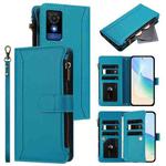 For TCL 501 Magnetic Closure 9 Card Slots Zipper Leather Case with Hand Strap(Turquoise)