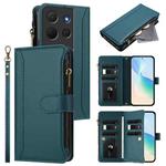 For TCL 503 Magnetic Closure 9 Card Slots Zipper Leather Case with Hand Strap(Dark Green)