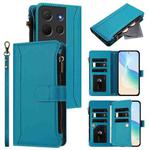 For TCL 503 Magnetic Closure 9 Card Slots Zipper Leather Case with Hand Strap(Turquoise)