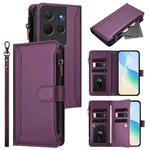 For TCL 503 Magnetic Closure 9 Card Slots Zipper Leather Case with Hand Strap(Purple)