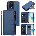 For TCL 505 Magnetic Closure 9 Card Slots Zipper Leather Case with Hand Strap(Dark Blue)