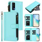 For TCL Stylus 5G Magnetic Closure 9 Card Slots Zipper Leather Case with Hand Strap(Mint Green)
