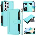 For Samsung Galaxy S24 Ultra 5G Magnetic Closure 9 Card Slots Zipper Leather Case with Hand Strap(Mint Green)