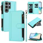 For Samsung Galaxy S23 Ultra 5G Magnetic Closure 9 Card Slots Zipper Leather Case with Hand Strap(Mint Green)