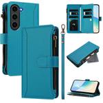 For Samsung Galaxy S23 5G Magnetic Closure Nine Card Slots Zipper Leather Case with Hand Strap(Turquoise)