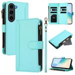 For Samsung Galaxy S23 5G Magnetic Closure Nine Card Slots Zipper Leather Case with Hand Strap(Mint Green)