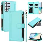 For Samsung Galaxy S22 Ultra 5G Magnetic Closure 9 Card Slots Zipper Leather Case with Hand Strap(Mint Green)