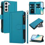 For Samsung Galaxy S22 5G Magnetic Closure 9 Card Slots Zipper Leather Case with Hand Strap(Turquoise)