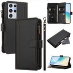 For Samsung Galaxy S21 Ultra 5G Magnetic Closure 9 Card Slots Zipper Leather Case with Hand Strap(Black)