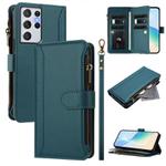 For Samsung Galaxy S21 Ultra 5G Magnetic Closure 9 Card Slots Zipper Leather Case with Hand Strap(Dark Green)