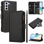 For Samsung Galaxy S21+ 5G Magnetic Closure 9 Card Slots Zipper Leather Case with Hand Strap(Black)