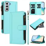 For Samsung Galaxy S21+ 5G Magnetic Closure 9 Card Slots Zipper Leather Case with Hand Strap(Mint Green)