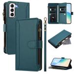 For Samsung Galaxy S21 5G Magnetic Closure Nine Card Slots Zipper Leather Case with Hand Strap(Dark Green)