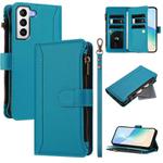 For Samsung Galaxy S21 5G Magnetic Closure Nine Card Slots Zipper Leather Case with Hand Strap(Turquoise)