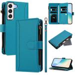 For Samsung Galaxy S21 FE 5G Magnetic Closure 9 Card Slots Zipper Leather Case with Hand Strap(Turquoise)