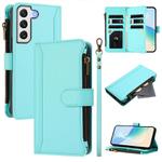 For Samsung Galaxy S21 FE 5G Magnetic Closure 9 Card Slots Zipper Leather Case with Hand Strap(Mint Green)