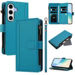 For Samsung Galaxy S24 FE 5G Magnetic Closure 9 Card Slots Zipper Leather Case with Hand Strap(Turquoise)