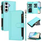 For Samsung Galaxy S24 FE 5G Magnetic Closure 9 Card Slots Zipper Leather Case with Hand Strap(Mint Green)