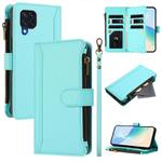 For Samsung Galaxy M32 4G / M22 Magnetic Closure 9 Card Slots Zipper Leather Case with Hand Strap(Mint Green)