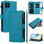 For Samsung Galaxy M53 5G Magnetic Closure 9 Card Slots Zipper Leather Case with Hand Strap(Turquoise)