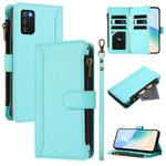 For Samsung Galaxy A02s 164mm Magnetic Closure 9 Card Slots Zipper Leather Case with Hand Strap(Mint Green)