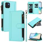 For Samsung Galaxy A03 164mm Magnetic Closure 9 Card Slots Zipper Leather Case with Hand Strap(Mint Green)