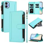 For Samsung Galaxy A04e / F04 / M04 4G Magnetic Closure 9 Card Slots Zipper Leather Case with Hand Strap(Mint Green)