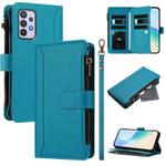For Samsung Galaxy A32 4G Magnetic Closure 9 Card Slots Zipper Leather Case with Hand Strap(Turquoise)
