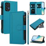 For Samsung Galaxy A33 5G Magnetic Closure 9 Card Slots Zipper Leather Case with Hand Strap(Turquoise)