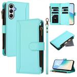 For Samsung Galaxy A34 5G Magnetic Closure 9 Card Slots Zipper Leather Case with Hand Strap(Mint Green)