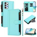 For Samsung Galaxy A73 5G Magnetic Closure 9 Card Slots Zipper Leather Case with Hand Strap(Mint Green)