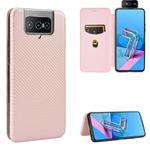 For Asus Zenfone 7 ZS670KS / Zenfone 7 Pro ZS671KS Carbon Fiber Texture Horizontal Flip TPU + PC + PU Leather Case with Card Slot & Lanyard(Pink)