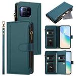 For T-Mobile REVVL 7 Pro 5G Magnetic Closure 9 Card Slots Zipper Leather Case with Hand Strap(Dark Green)