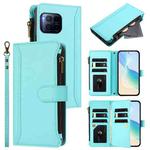 For T-Mobile REVVL 7 Pro 5G Magnetic Closure 9 Card Slots Zipper Leather Case with Hand Strap(Mint Green)
