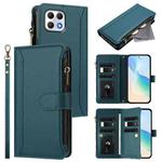 For T-Mobile REVVL 7 5G Magnetic Closure 9 Card Slots Zipper Leather Case with Hand Strap(Dark Green)