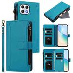 For T-Mobile REVVL 7 5G Magnetic Closure 9 Card Slots Zipper Leather Case with Hand Strap(Turquoise)