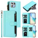 For T-Mobile REVVL 7 5G Magnetic Closure 9 Card Slots Zipper Leather Case with Hand Strap(Mint Green)