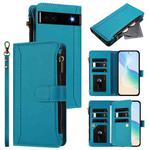 For Google Pixel 6a Magnetic Closure 9 Card Slots Zipper Leather Case with Hand Strap(Turquoise)