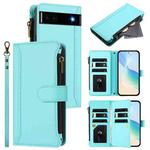 For Google Pixel 6a Magnetic Closure 9 Card Slots Zipper Leather Case with Hand Strap(Mint Green)